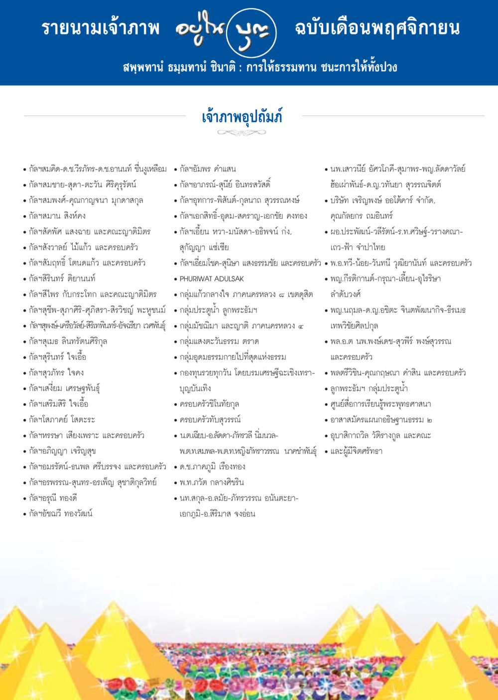 รายนามเจ้าภาพฉบับเดือนพฤศจิกายน วารสารอยู่ในบุญประจำเดือน พฤศจิกายน พ.ศ.2556 หน้า 104