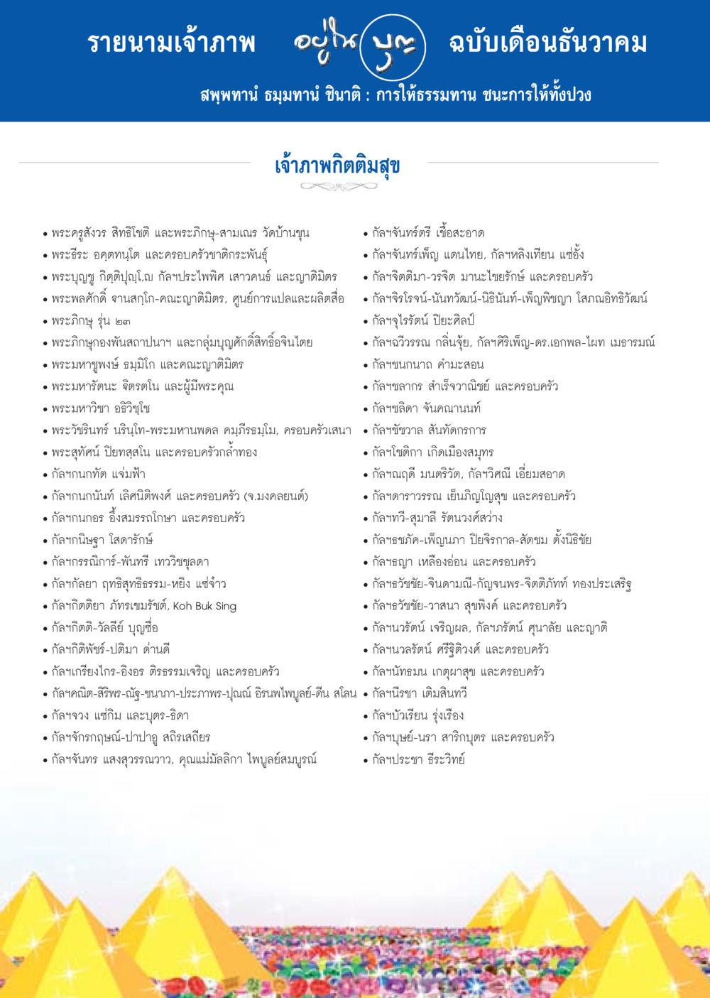 รายนามเจ้าภาพพิธีติมสุขเดือนธันวาคม วารสารอยู่ในบุญประจำเดือน ธันวาคม พ.ศ.2556 หน้า 103