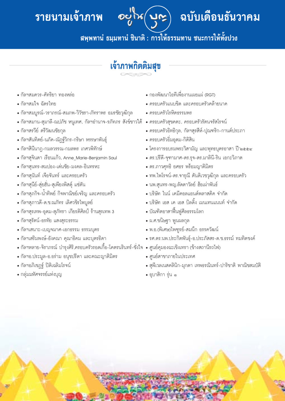 รายนามเจ้าภาพในฉบับเดือนธันวาคม วารสารอยู่ในบุญประจำเดือน ธันวาคม พ.ศ.2556 หน้า 105