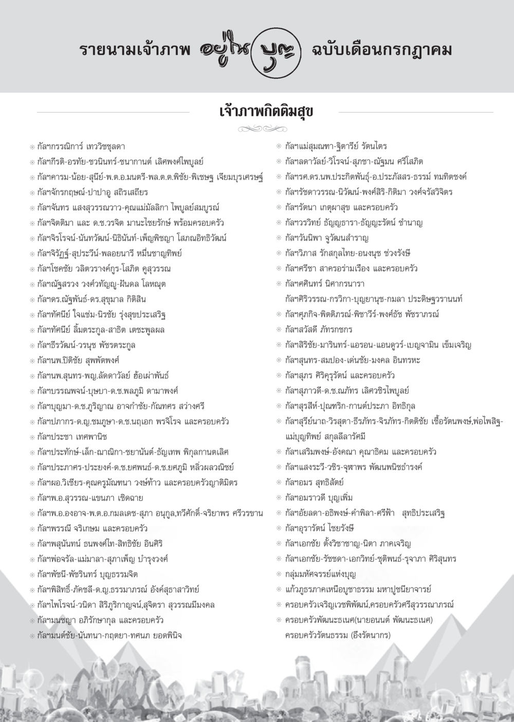 รายนามเจ้าภาพสำหรับเดือนกรกฎาคม วารสารอยู่ในบุญ ประจำเดือน กรกฎาคม พ.ศ.2553 หน้า 102