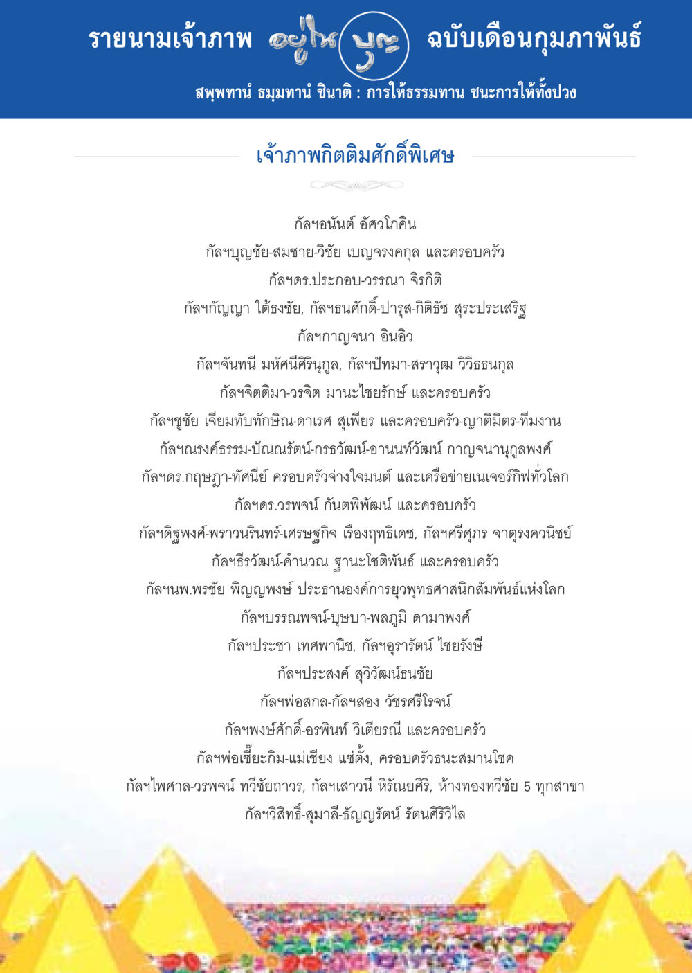 รายนามเจ้าภาพ ฉบับเดือนกุมภาพันธ์ วารสารอยู่ในบุญประจำเดือน กุมภาพันธ์ พ.ศ.2557 หน้า 115