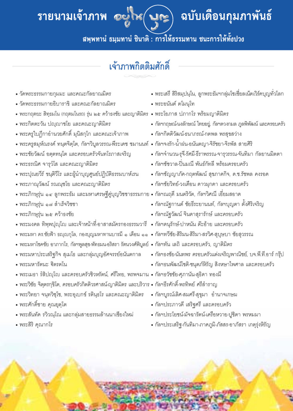 รายนามเจ้าภาพ ฉบับเดือนกุมภาพันธ์ วารสารอยู่ในบุญประจำเดือน กุมภาพันธ์ พ.ศ.2557 หน้า 117