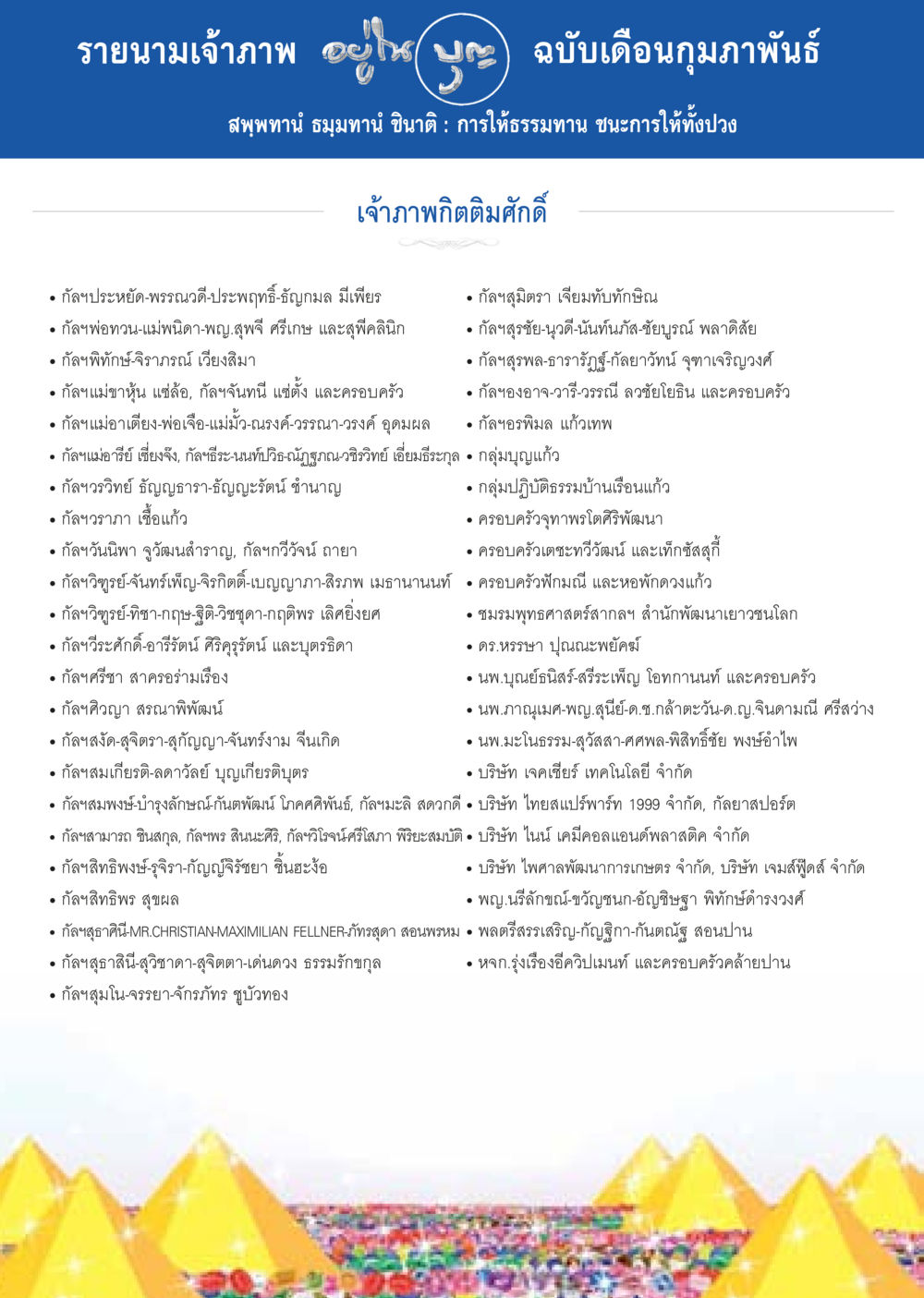 รายนามเจ้าภาพ ฉบับเดือนกุมภาพันธ์ วารสารอยู่ในบุญประจำเดือน กุมภาพันธ์ พ.ศ.2557 หน้า 118