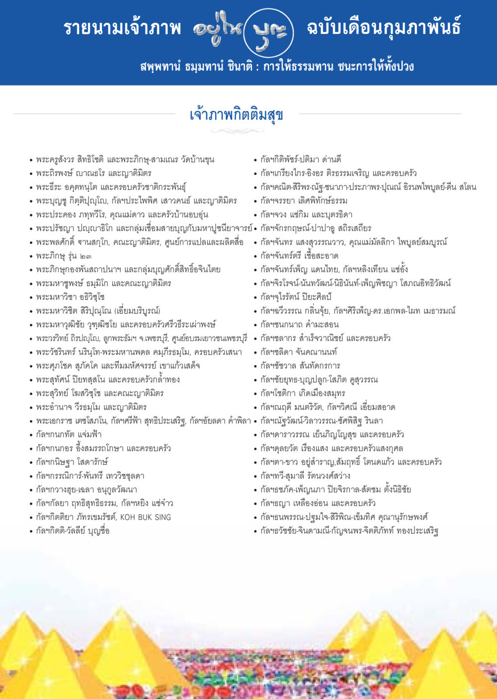 รายนามเจ้าภาพ เดือนกุมภาพันธ์ วารสารอยู่ในบุญประจำเดือน กุมภาพันธ์ พ.ศ.2557 หน้า 119