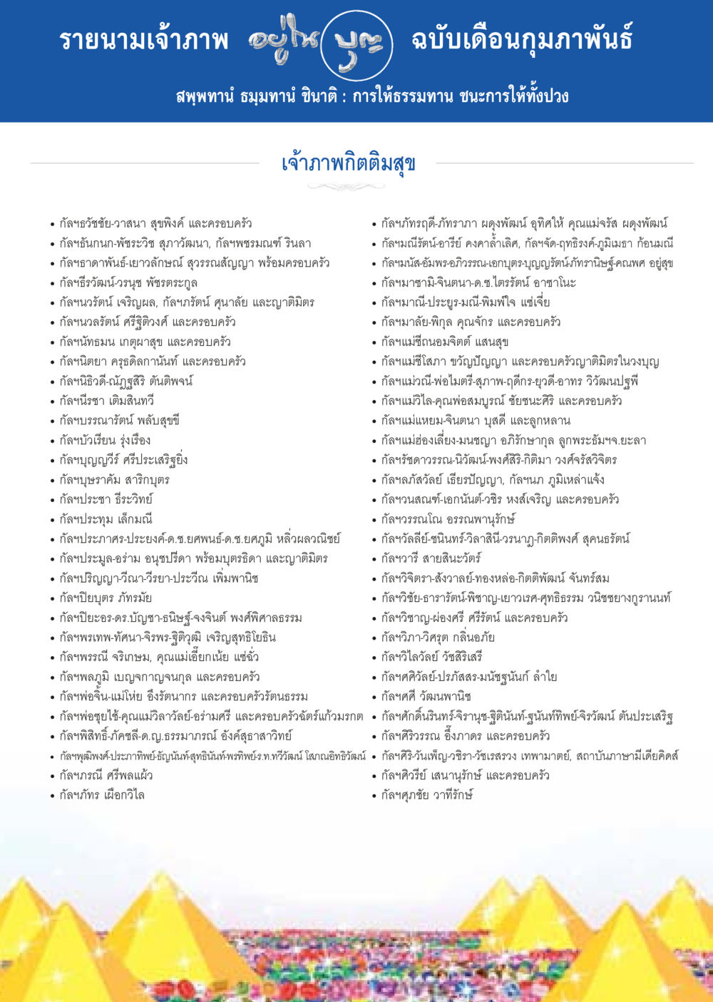 รายนามเจ้าภาพ ฉบับเดือนกุมภาพันธ์ วารสารอยู่ในบุญประจำเดือน กุมภาพันธ์ พ.ศ.2557 หน้า 120