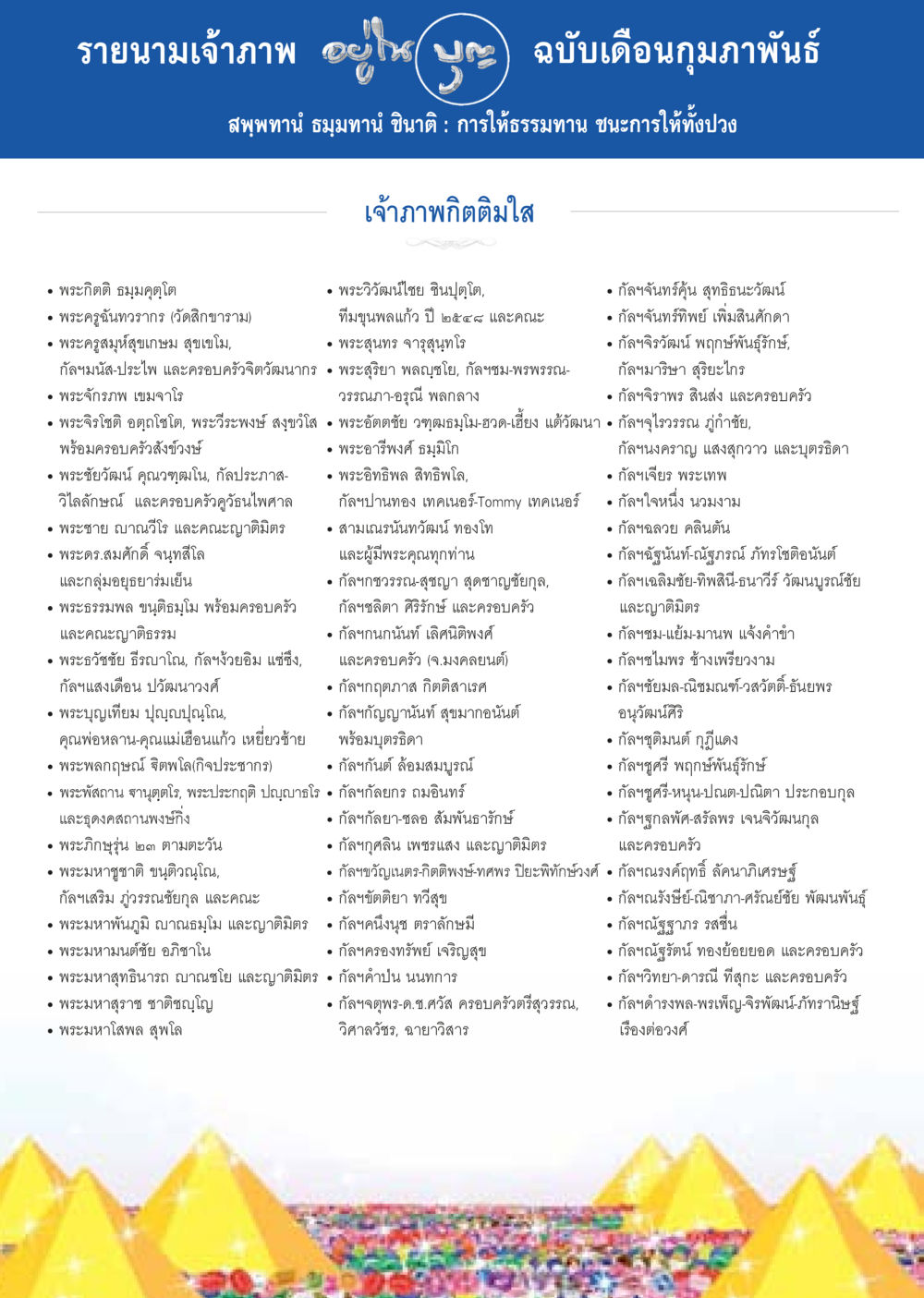 รายนามเจ้าภาพ ฉบับเดือนกุมพาพันธ์ วารสารอยู่ในบุญประจำเดือน กุมภาพันธ์ พ.ศ.2557 หน้า 122