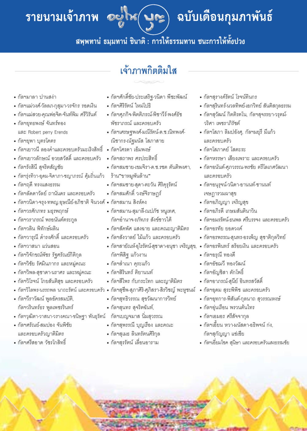 รายนามเจ้าภาพ ฉบับเดือนกุมภาพันธ์ วารสารอยู่ในบุญประจำเดือน กุมภาพันธ์ พ.ศ.2557 หน้า 124