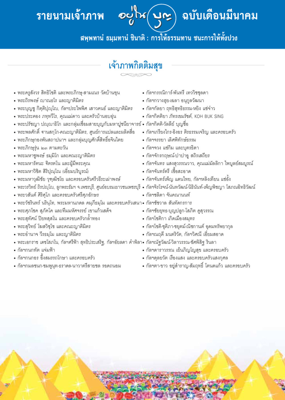 รายนามเจ้าภาพ อรุณ ญ. ฉบับเดือนมีนาคม วารสารอยู่ในบุญประจำเดือน มีนาคม พ.ศ.2557 หน้า 102