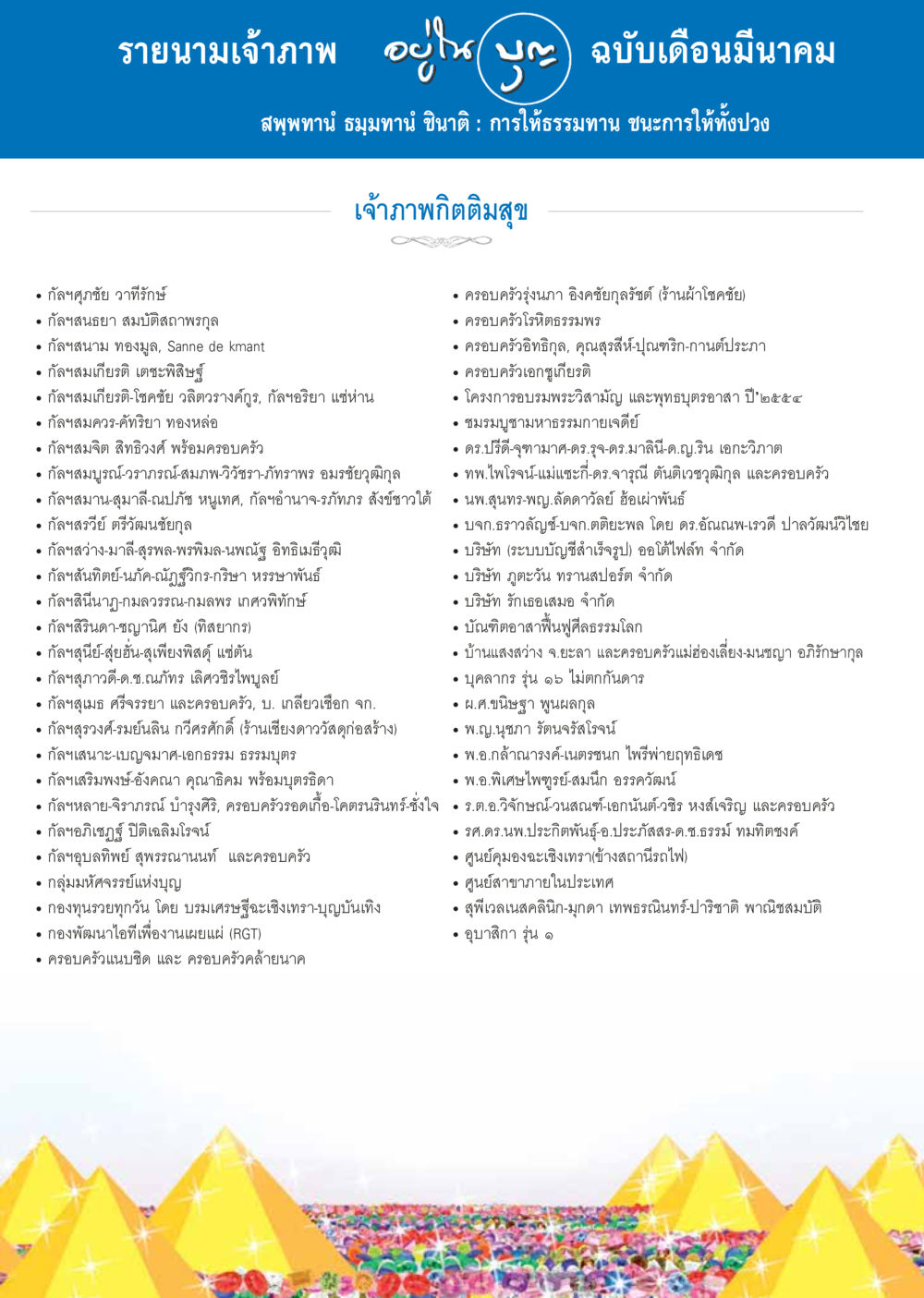 รายนามเจ้าภาพ เดือนมีนาคม วารสารอยู่ในบุญประจำเดือน มีนาคม พ.ศ.2557 หน้า 104