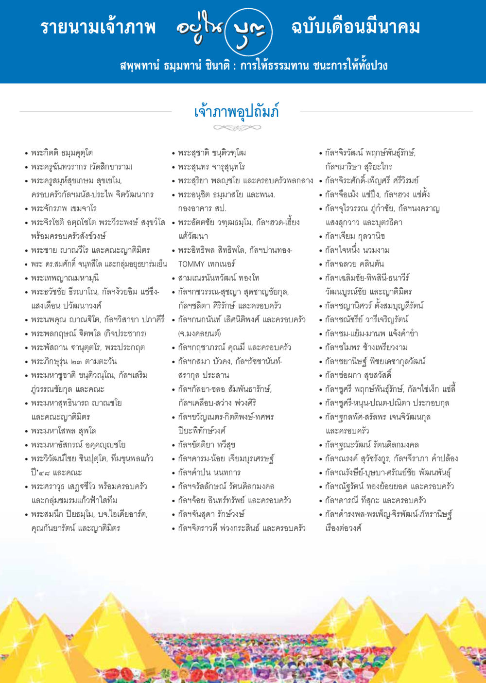 รายนามเจ้าภาพ ฉบับเดือนมีนาคม วารสารอยู่ในบุญประจำเดือน มีนาคม พ.ศ.2557 หน้า 105