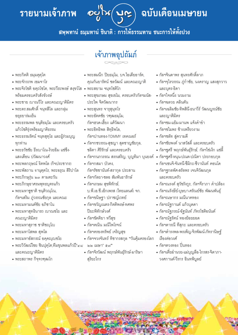 รายนามเจ้าภาพ เดือนเมษายน วารสารอยู่ในบุญประจำเดือน เมษายน พ.ศ.2557 หน้า 98