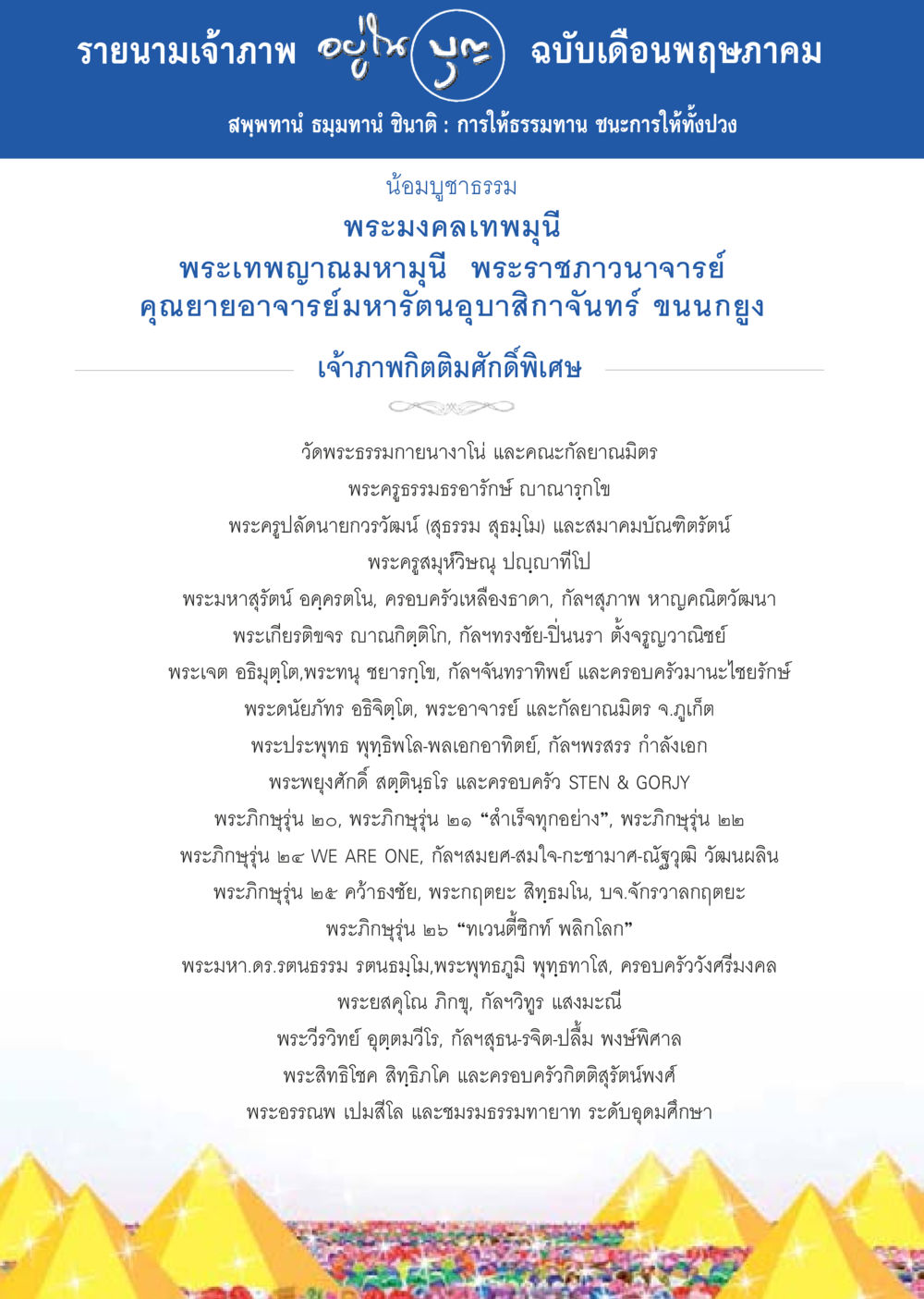 รายนามเจ้าภาพ ฉบับเดือนพฤษภาคม วารสารอยู่ในบุญประจำเดือน พฤษภาคม พ.ศ.2557 หน้า 122