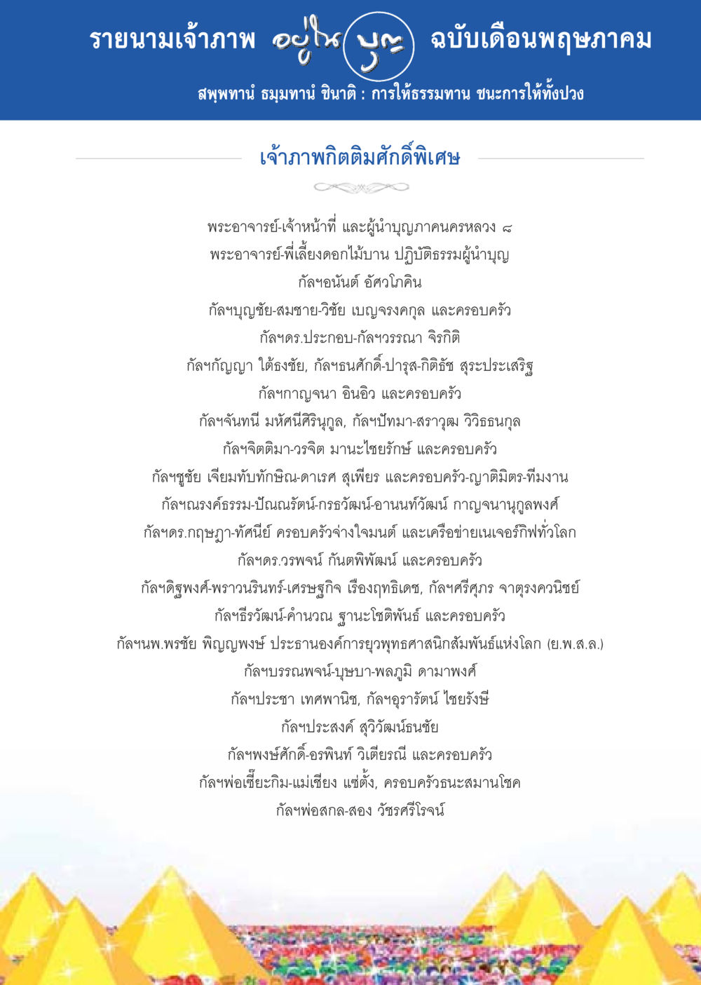 รายนามเจ้าภาพ ฉบับเดือนพฤษภาคม วารสารอยู่ในบุญประจำเดือน พฤษภาคม พ.ศ.2557 หน้า 123