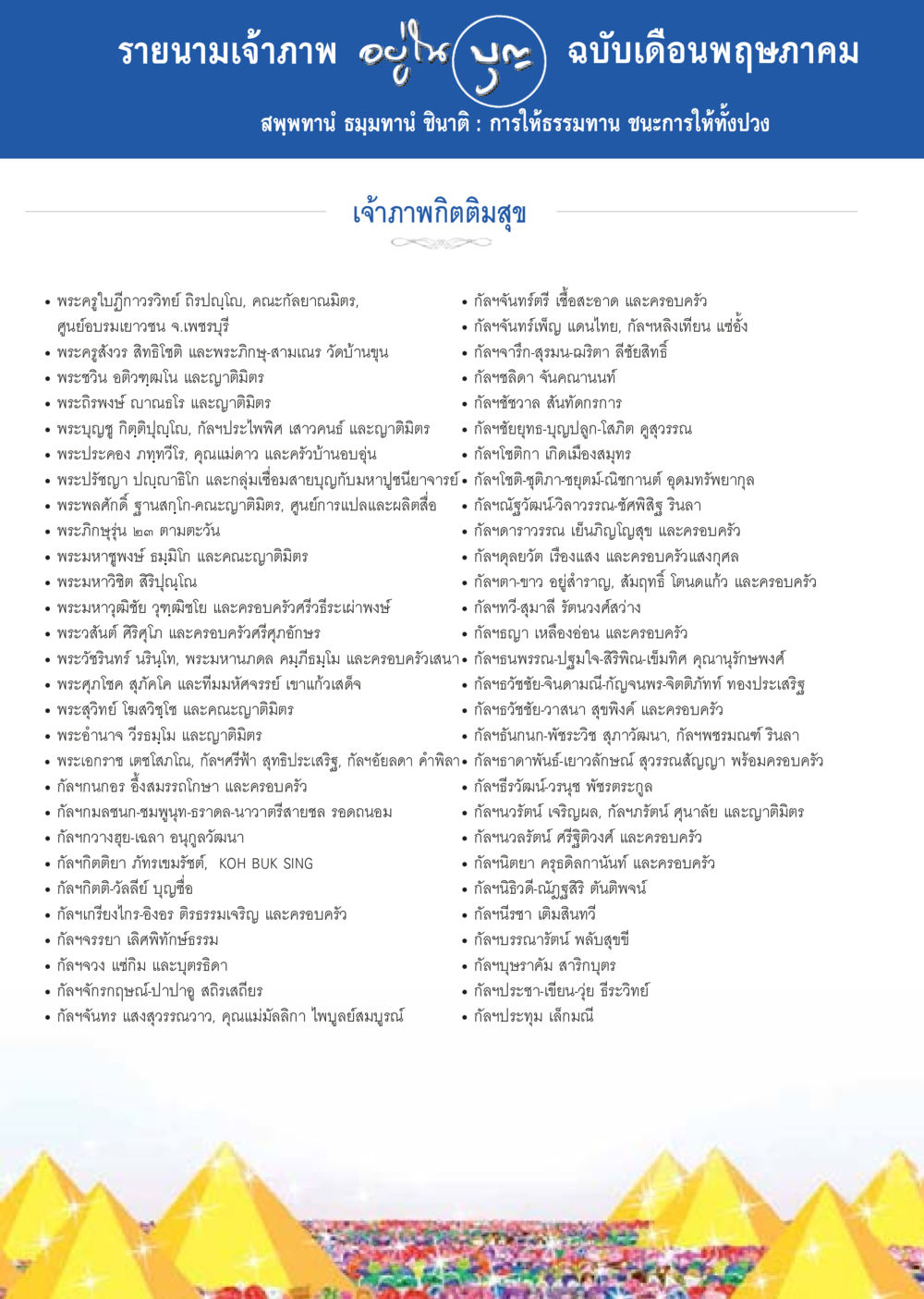 รายนามเจ้าภาพ ฉบับเดือนพฤษภาคม วารสารอยู่ในบุญประจำเดือน พฤษภาคม พ.ศ.2557 หน้า 127