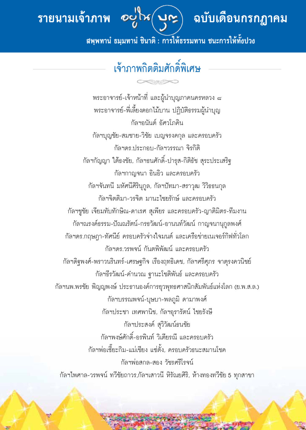รายนามเจ้าภาพ เดือนกรกฎาคม วารสารอยู่ในบุญประจำเดือน กรกฎาคม พ.ศ.2557 หน้า 107