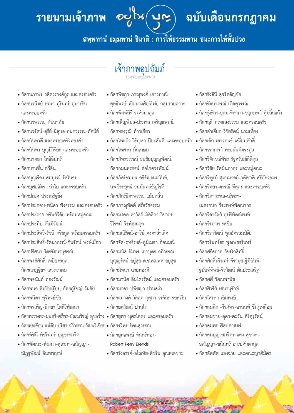 รายนามเจ้าภาพ เดือนกรกฎาคม วารสารอยู่ในบุญประจำเดือน กรกฎาคม พ.ศ.2557 หน้า 115