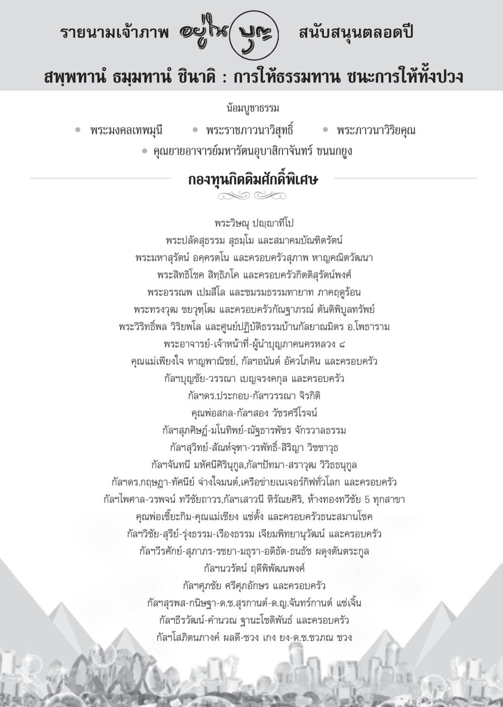 รายนามเจ้าภาพสนับสนุนตลอดปี วารสารอยู่ในบุญ ประจำเดือน พฤศจิกายน พ.ศ.2552  หน้า 92
