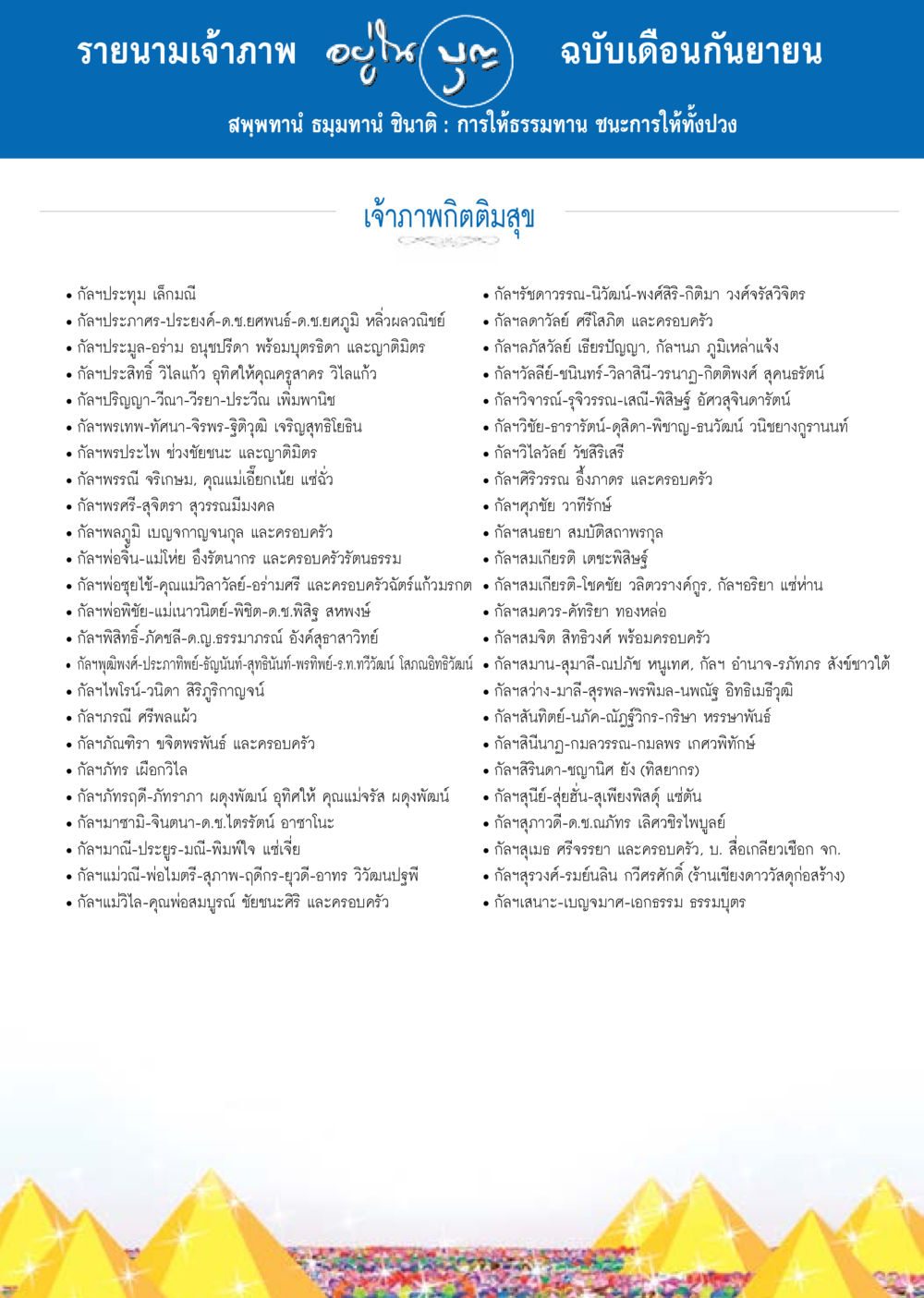 รายนามเจ้าภาพ ประจำเดือนกันยายน วารสารอยู่ในบุญประจำเดือน กันยายน พ.ศ.2557 หน้า 124