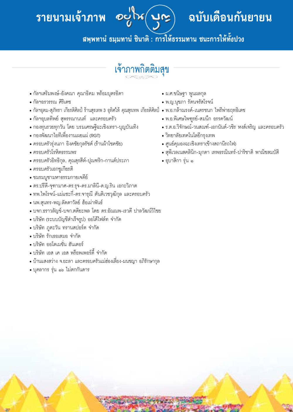 รายนามเจ้าภาพประจำเดือนกันยายน วารสารอยู่ในบุญประจำเดือน กันยายน พ.ศ.2557 หน้า 125