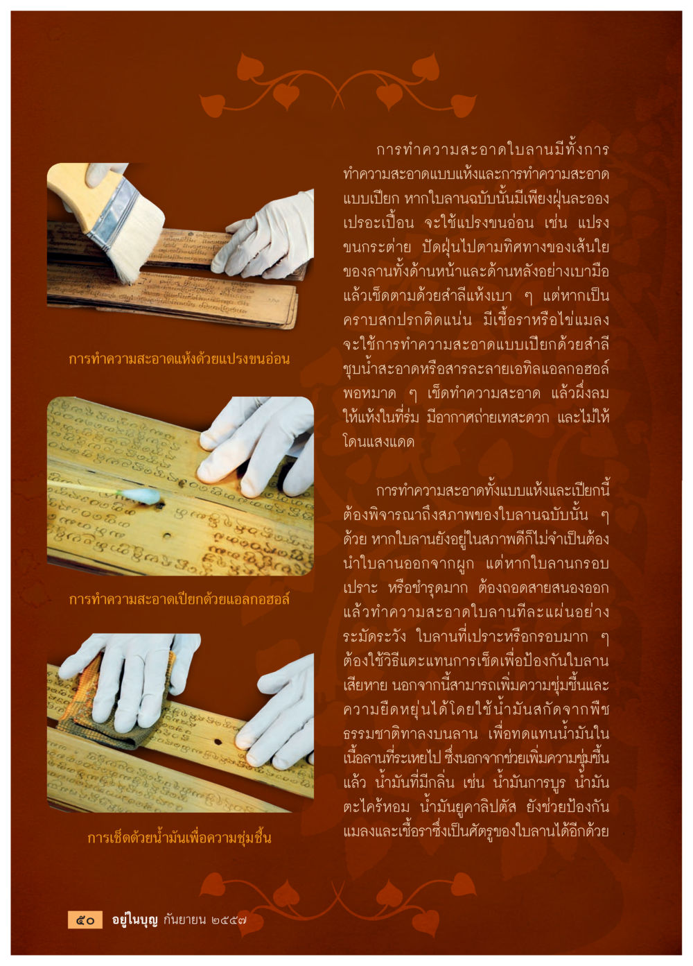 การทำความสะอาดใบลาน วารสารอยู่ในบุญประจำเดือน กันยายน พ.ศ.2557 หน้า 52