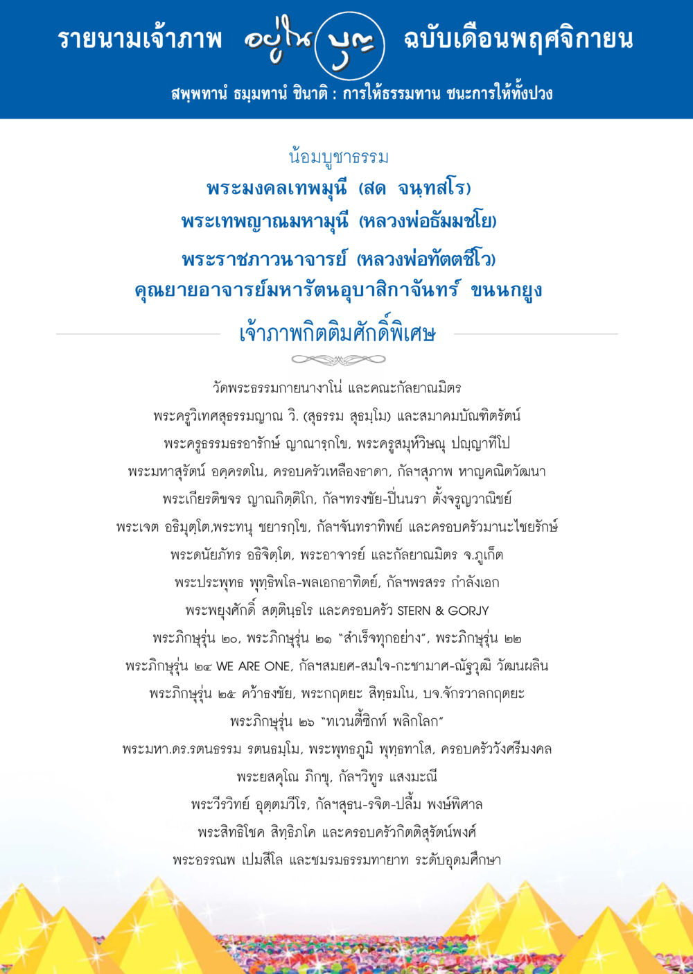 รายนามเจ้าภาพ เดือนพฤศจิกายน 2565 วารสารอยู่ในบุญประจำเดือน พฤศจิกายน พ.ศ.2557 หน้า 121