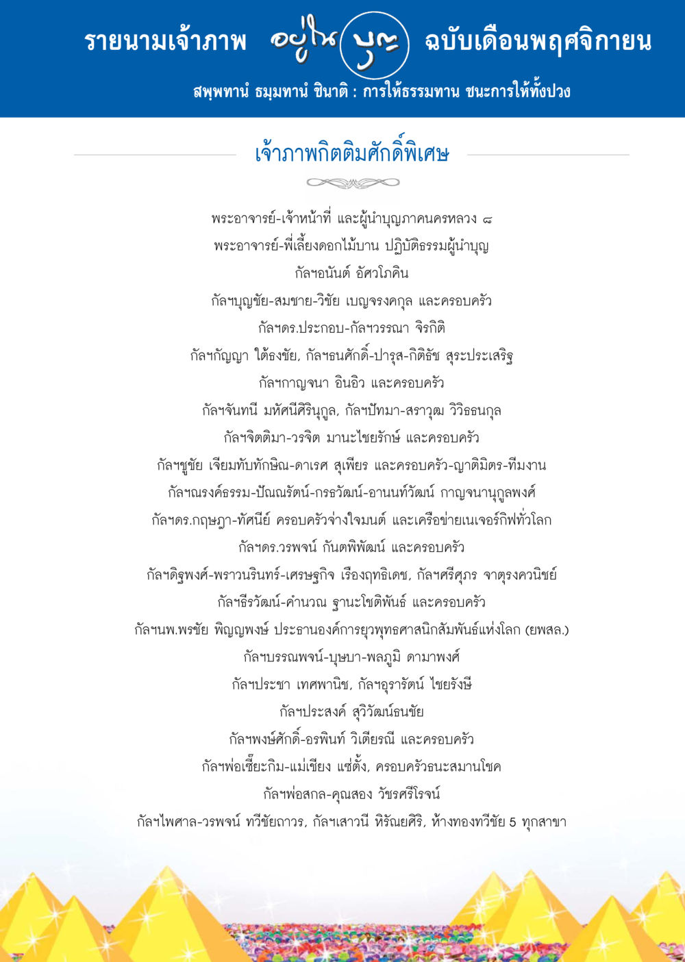 รายนามเจ้าภาพเดือนพฤศจิกายน วารสารอยู่ในบุญประจำเดือน พฤศจิกายน พ.ศ.2557 หน้า 122
