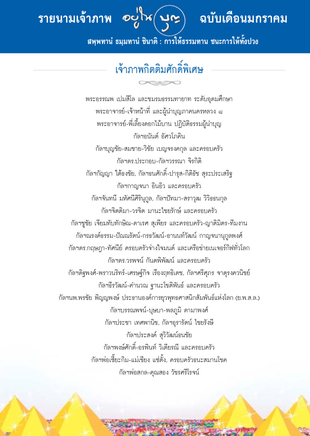 รายนามเจ้าภาพประจำเดือนมกราคม วารสารอยู่ในบุญประจำเดือน มกราคม พ.ศ.2558 หน้า 129