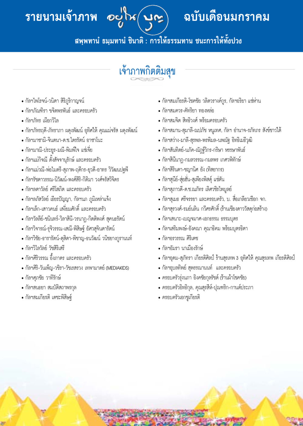 รายนามเจ้าภาพ ฉบับเดือนมกราคม วารสารอยู่ในบุญประจำเดือน มกราคม พ.ศ.2558 หน้า 134