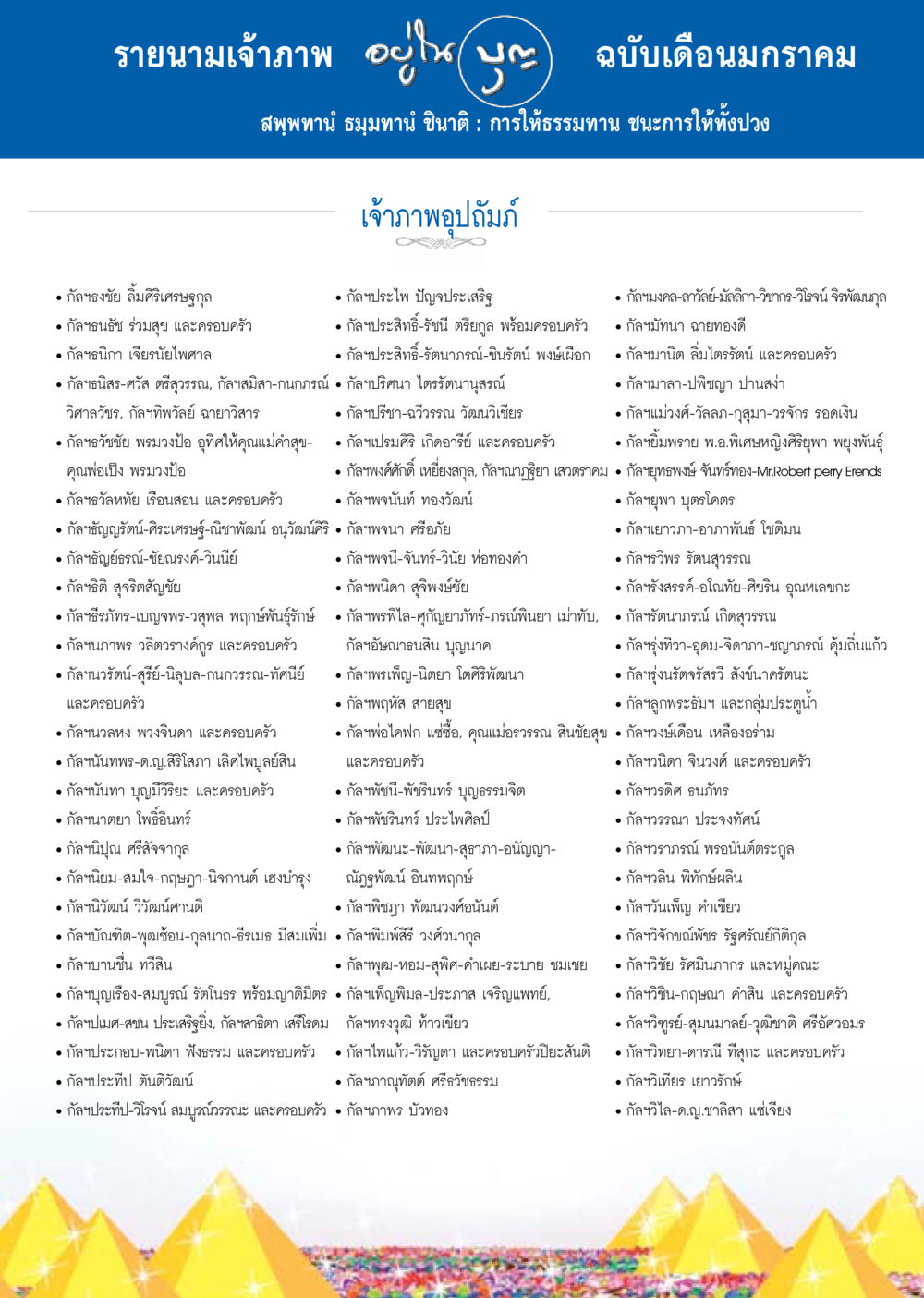 รายชื่อเจ้าภาพและการให้ธรรมทาน วารสารอยู่ในบุญประจำเดือน มกราคม พ.ศ.2558 หน้า 137