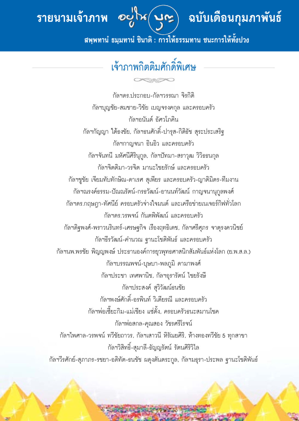 รายนามเจ้าภาพใน มจ ฉบับเดือนกุมภาพันธ์ วารสารอยู่ในบุญประจำเดือน กุมภาพันธ์ พ.ศ.2558 หน้า 127