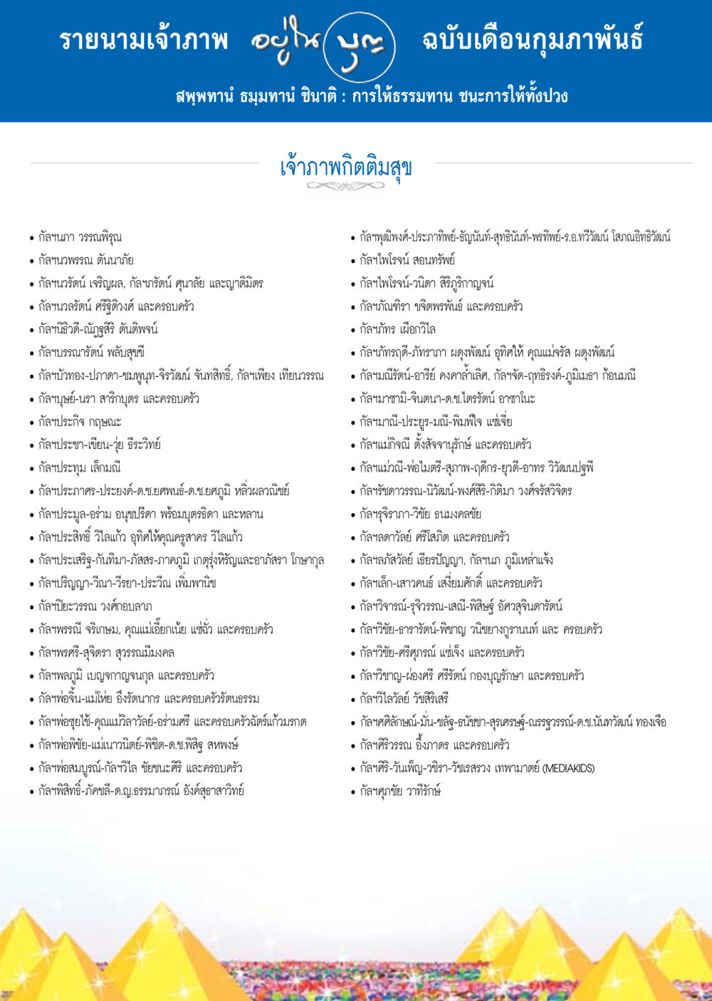 รายนามเจ้าภาพ ฉบับเดือนกุมภาพันธ์ วารสารอยู่ในบุญประจำเดือน กุมภาพันธ์ พ.ศ.2558 หน้า 132