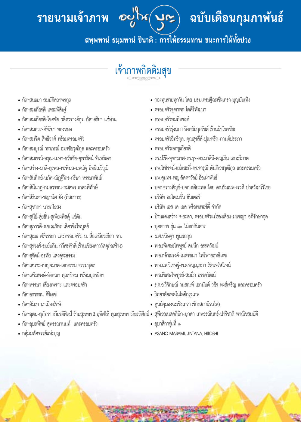 รายนามเจ้าภาพเดือนกุมภาพันธ์ วารสารอยู่ในบุญประจำเดือน กุมภาพันธ์ พ.ศ.2558 หน้า 133