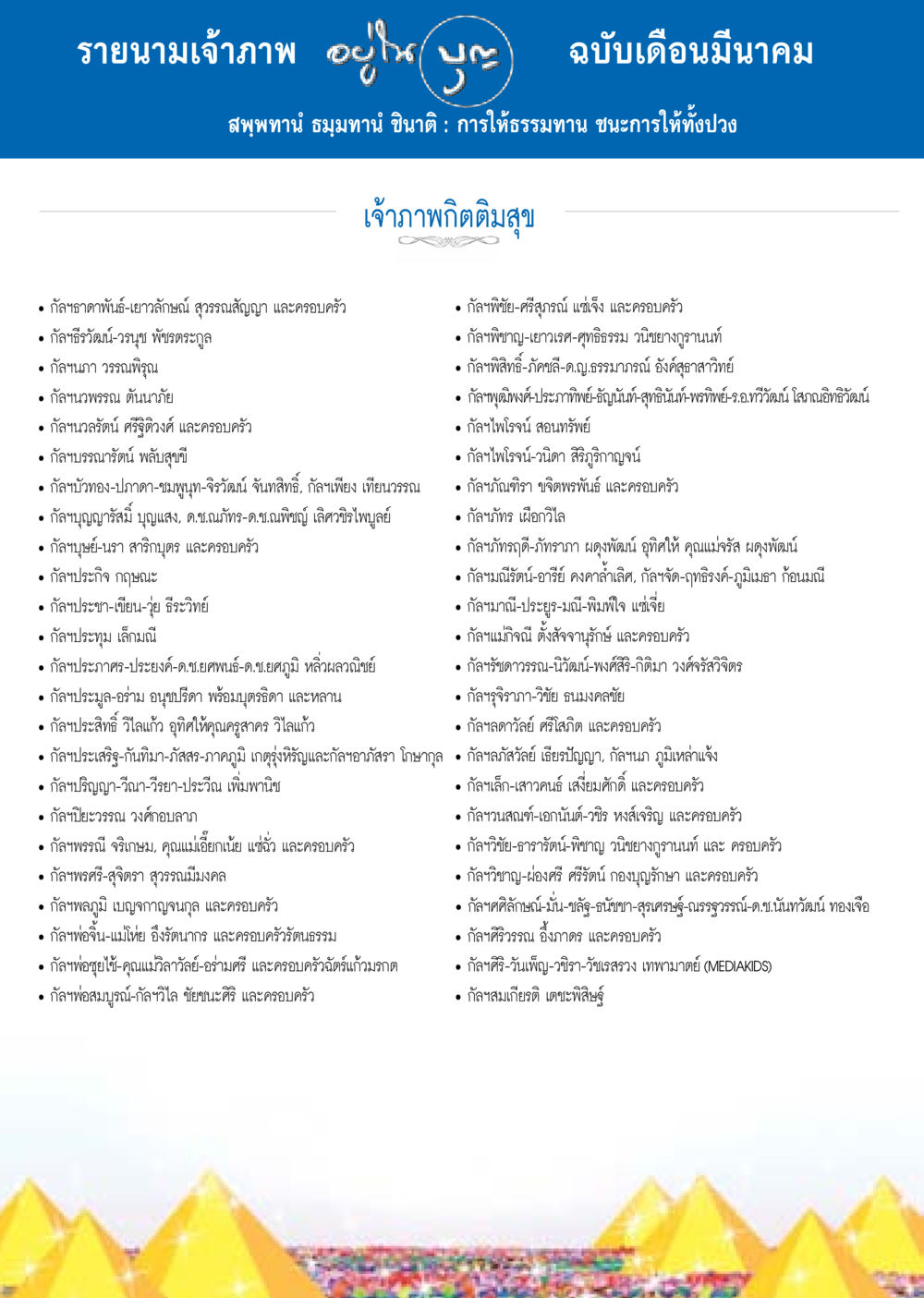 รายนามเจ้าภาพ เดือนมีนาคม วารสารอยู่ในบุญประจำเดือน มีนาคม พ.ศ.2558 หน้า 136