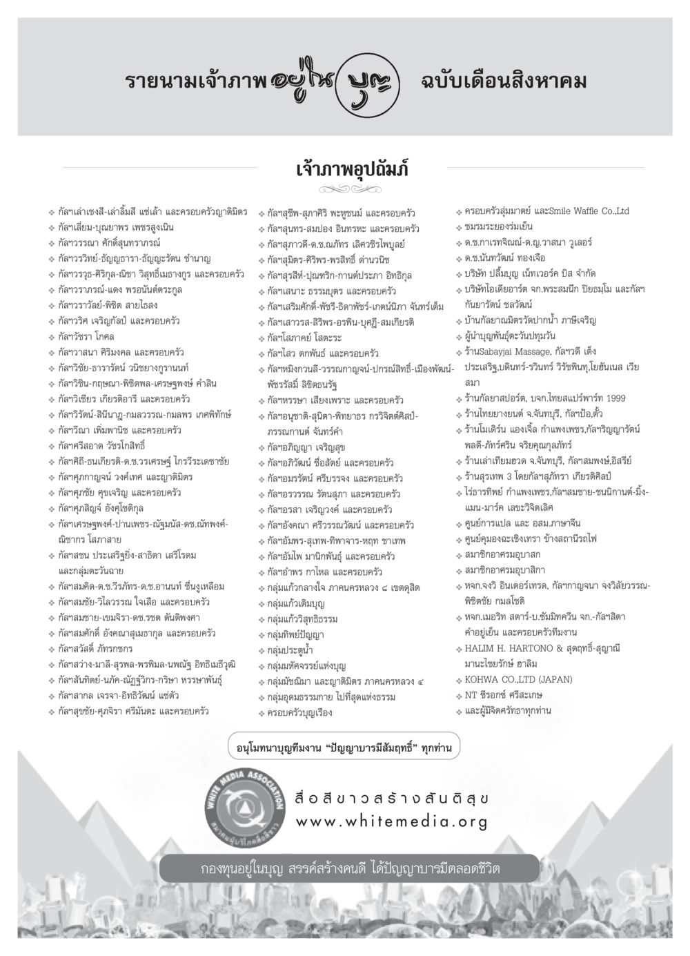 รายนามเจ้าภาพ ฉบับเดือนสิงหาคม วารสารอยู่ในบุญ ประจำเดือน สิงหาคม พ.ศ.2552 หน้า 125