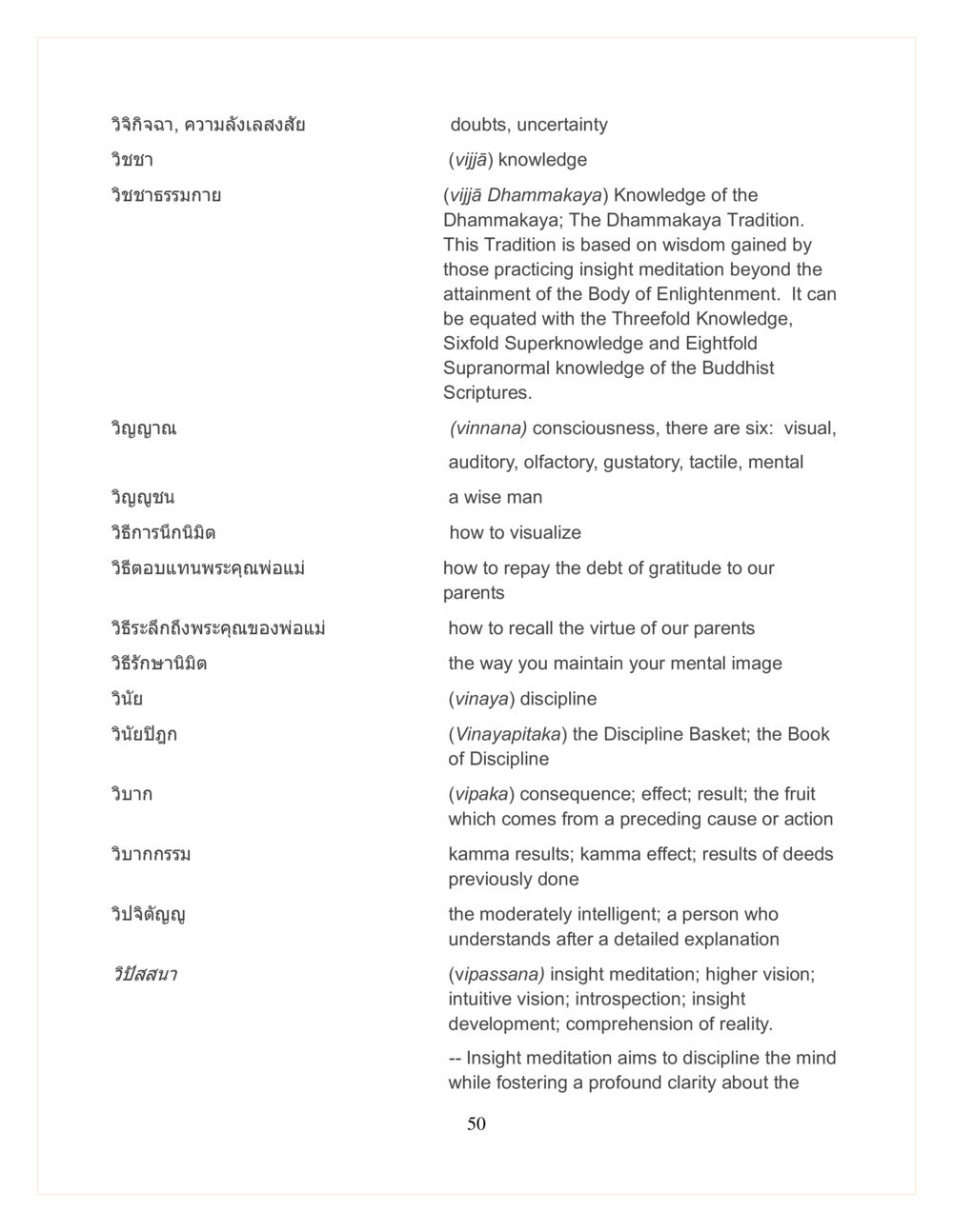 Knowledge and Practices in Insight Meditation DMC Translor’s handbook หน้า 50