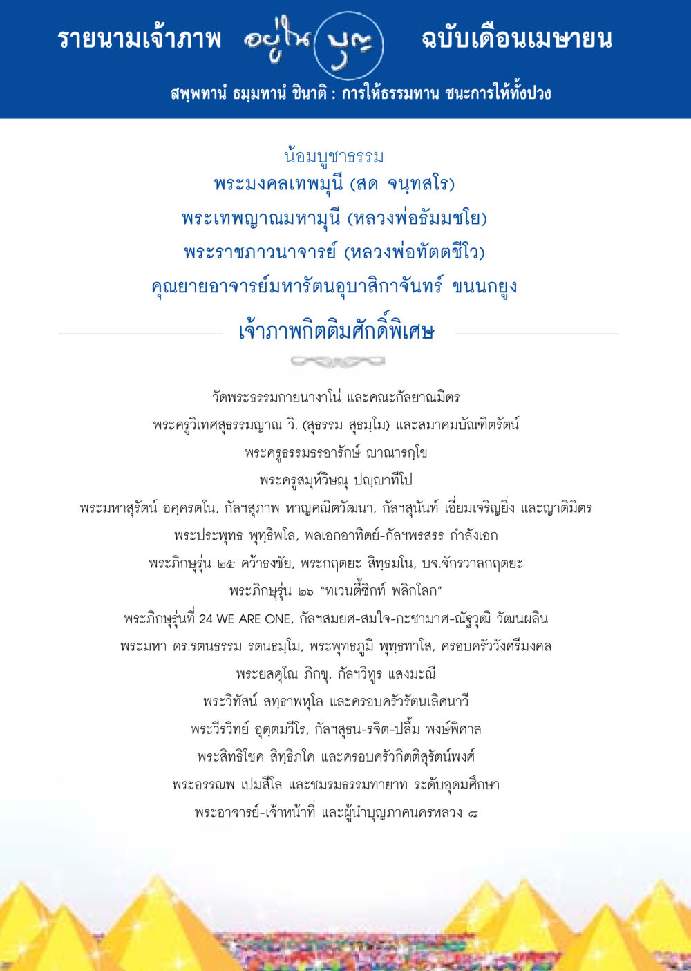 รายนามเจ้าภาพ ฉบับเดือนเมษายน วารสารอยู่ในบุญประจำเดือน เมษายน พ.ศ.2558 หน้า 122