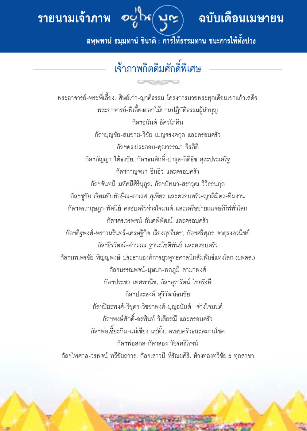 รายนามเจ้าภาพ ฉบับเดือนเมษายน วารสารอยู่ในบุญประจำเดือน เมษายน พ.ศ.2558 หน้า 123