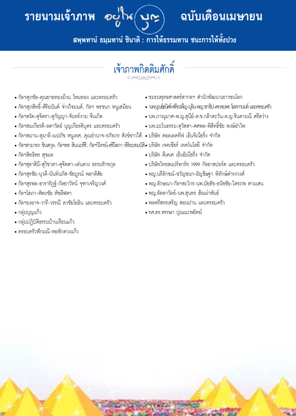 รายนามเจ้าภาพ ฉบับเดือนเมษายน วารสารอยู่ในบุญประจำเดือน เมษายน พ.ศ.2558 หน้า 126