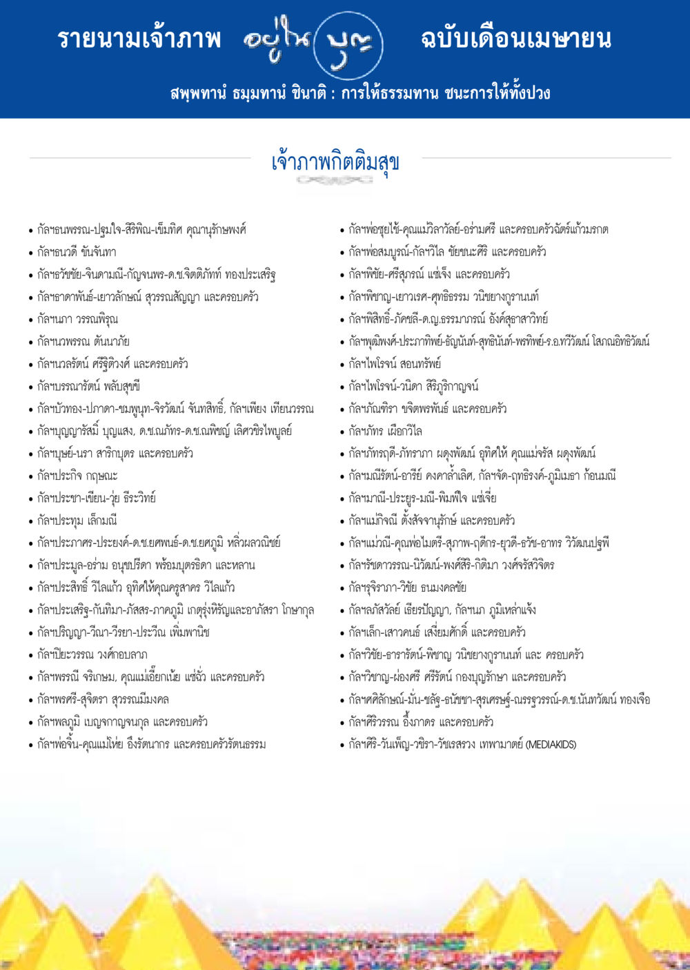 รายนามเจ้าภาพ ฉบับเดือนเมษายน วารสารอยู่ในบุญประจำเดือน เมษายน พ.ศ.2558 หน้า 128