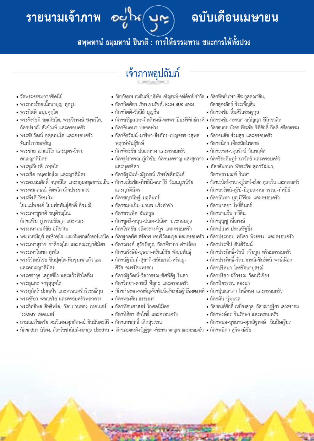 รายนามเจ้าภาพ ฉบับเดือนเมษายน วารสารอยู่ในบุญประจำเดือน เมษายน พ.ศ.2558 หน้า 130