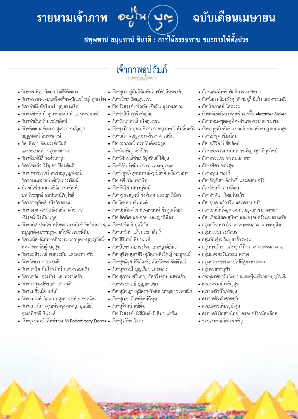 รายนามเจ้าภาพ ฉบับเดือนเมษายน วารสารอยู่ในบุญประจำเดือน เมษายน พ.ศ.2558 หน้า 131