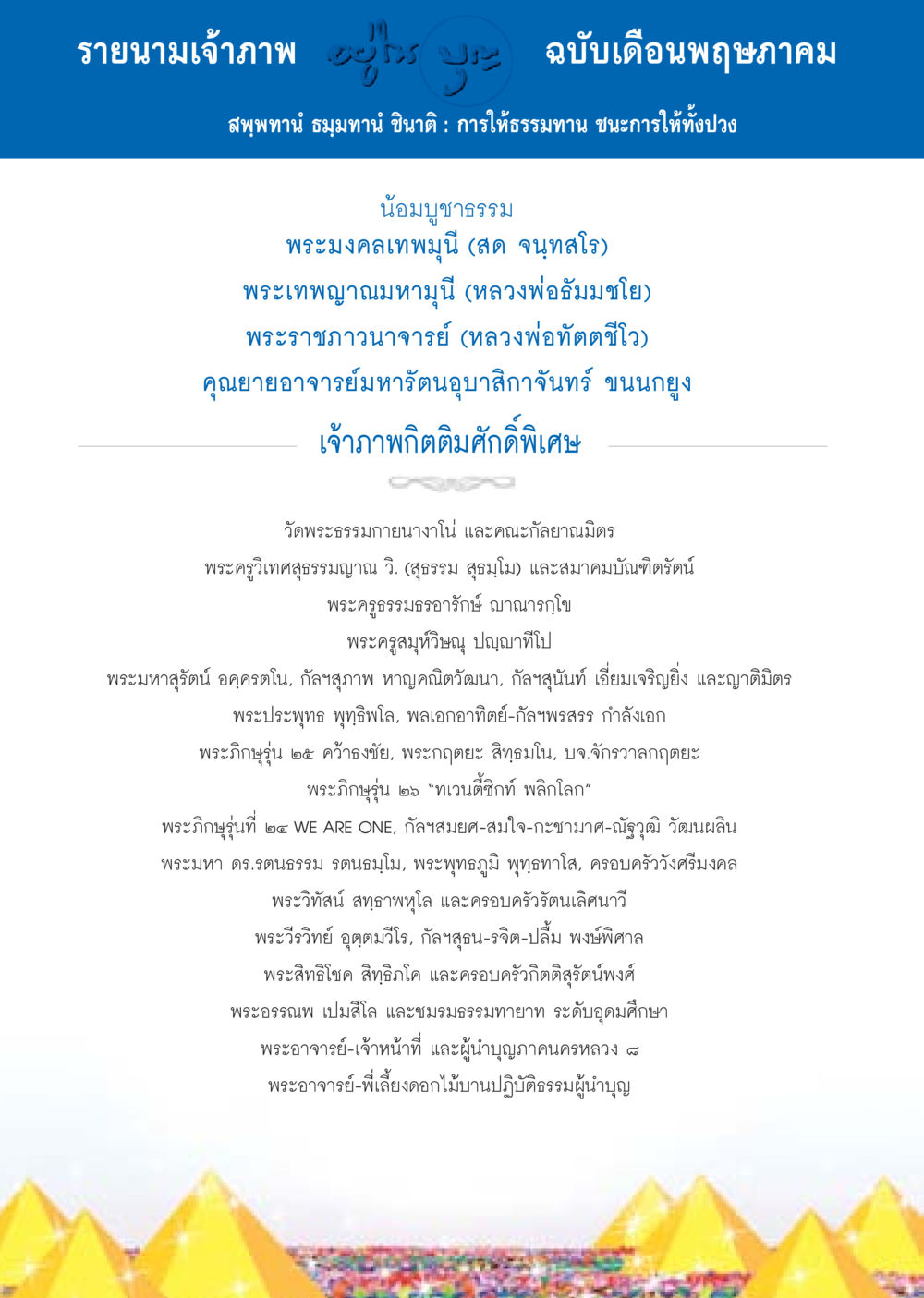 รายนามเจ้าภาพ ฉบับเดือนพฤษภาคม วารสารอยู่ในบุญประจำเดือน พฤษภาคม พ.ศ.2558 หน้า 132