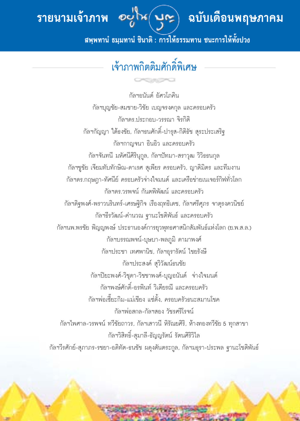 รายนามเจ้าภาพ เดือนพฤษภาคม วารสารอยู่ในบุญประจำเดือน พฤษภาคม พ.ศ.2558 หน้า 133