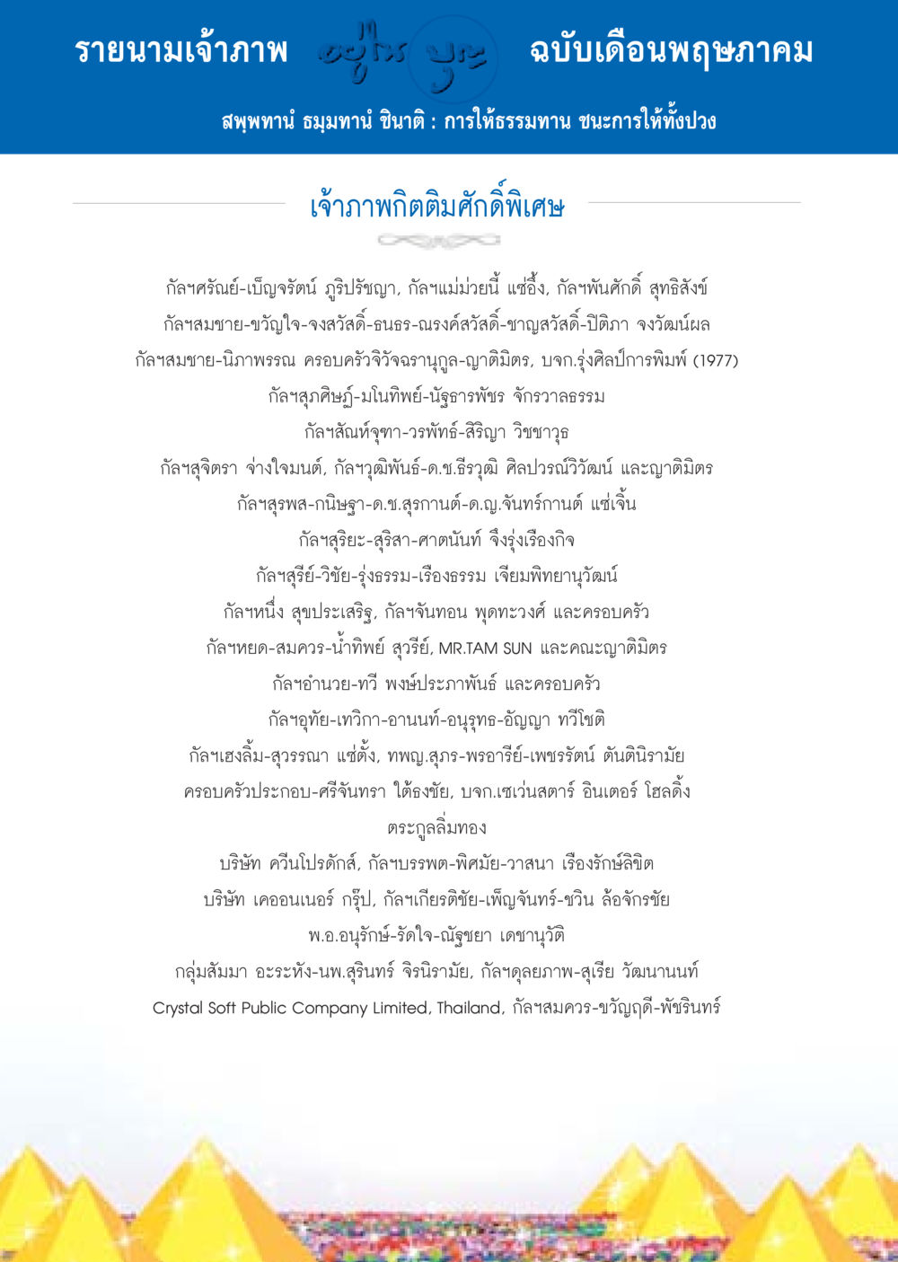 รายนามเจ้าภาพ ฉบับเดือนพฤษภาคม วารสารอยู่ในบุญประจำเดือน พฤษภาคม พ.ศ.2558 หน้า 134