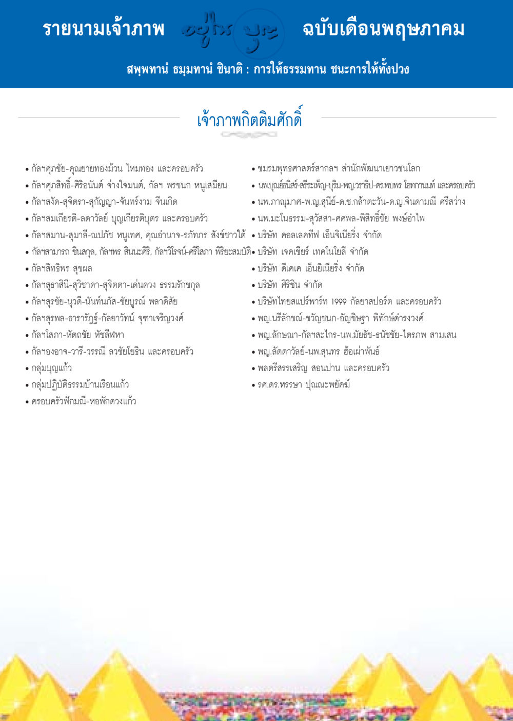 รายนามเจ้าภาพ ฉบับเดือนพฤษภาคม วารสารอยู่ในบุญประจำเดือน พฤษภาคม พ.ศ.2558 หน้า 136