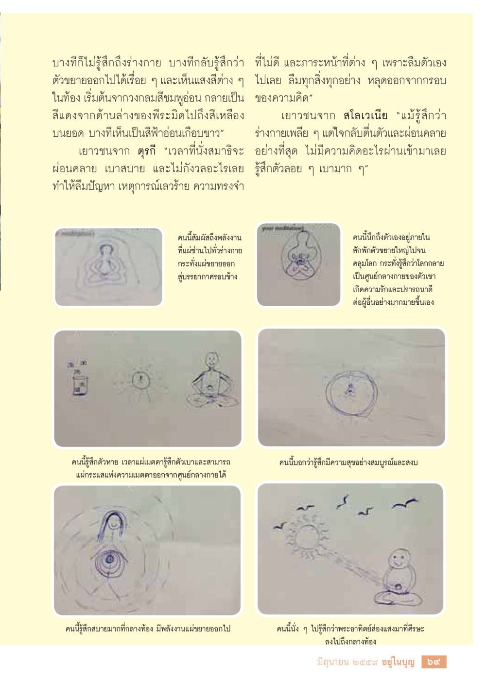 การสำรวจความรู้สึกทางกายและจิตใจในการนั่งสมาธิ  วารสารอยู่ในบุญประจำเดือน มิถุนายน พ.ศ.2558 หน้า 71