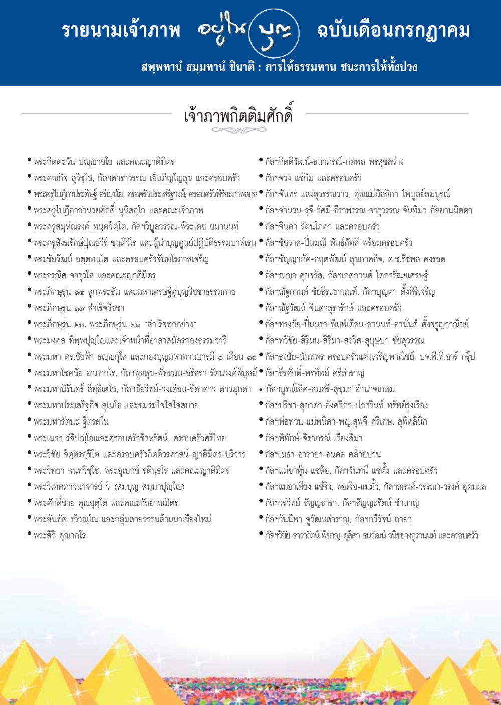 รายนามเจ้าภาพ ฉบับเดือนกรกฎาคม  วารสารอยู่ในบุญประจำเดือน กรกฎาคม พ.ศ.2558 หน้า 129