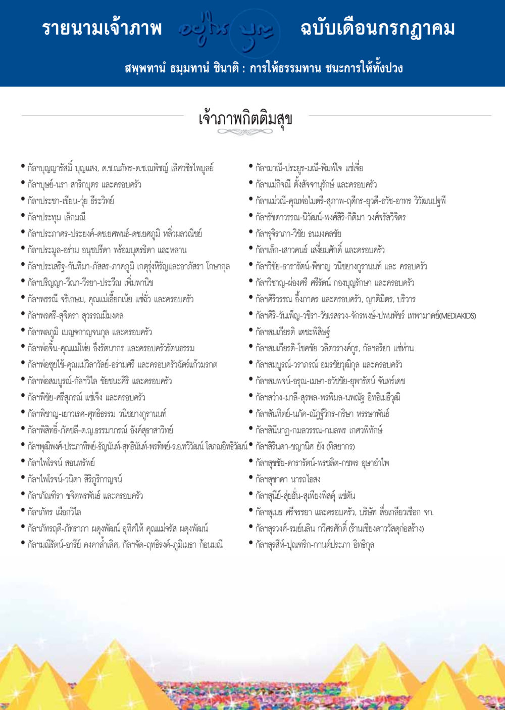 รายนามเจ้าภาพ ฉบับเดือนกรกฎาคม  วารสารอยู่ในบุญประจำเดือน กรกฎาคม พ.ศ.2558 หน้า 132