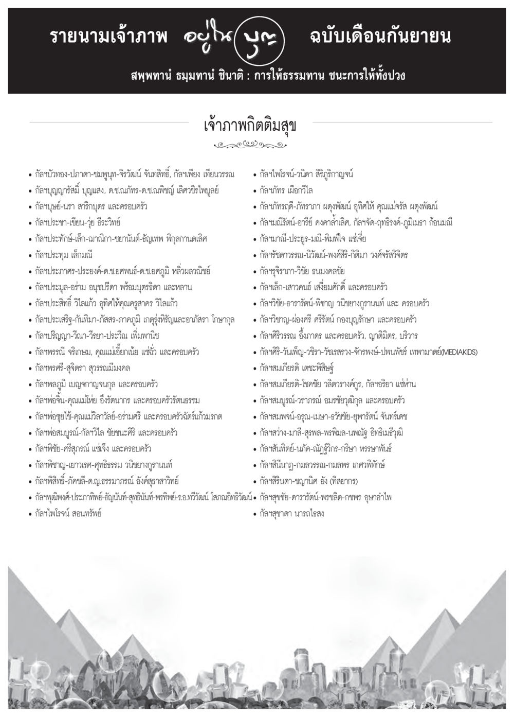 รายนามเจ้าภาพเดือนกันยายน วารสารอยู่ในบุญประจำเดือน กันยายน พ.ศ.2558 หน้า 102