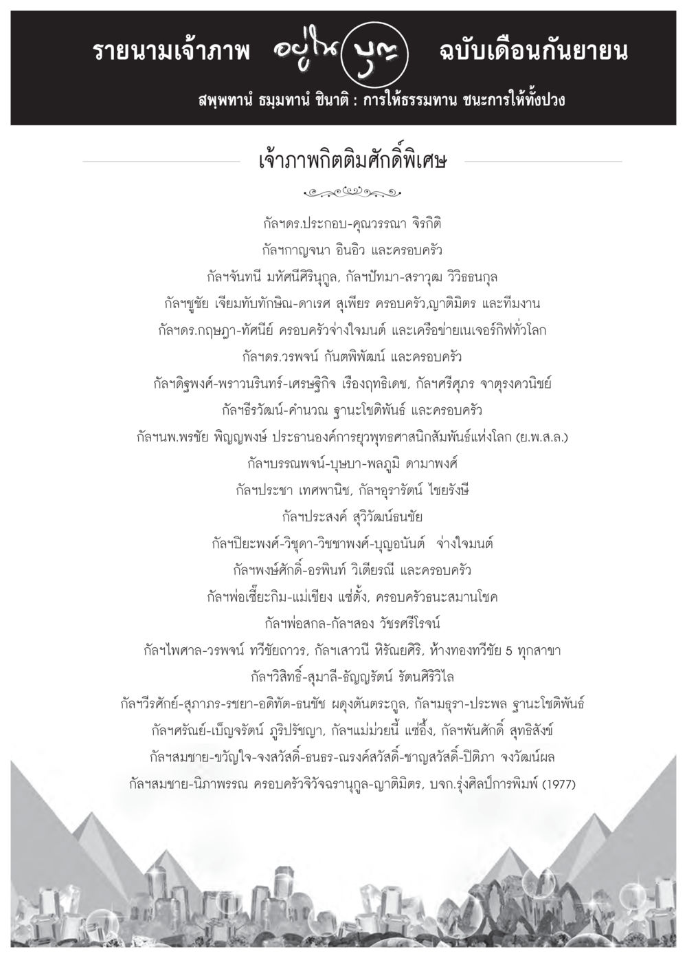 รายนามเจ้าภาพในฉบับเดือนกันยายน วารสารอยู่ในบุญประจำเดือน กันยายน พ.ศ.2558 หน้า 97